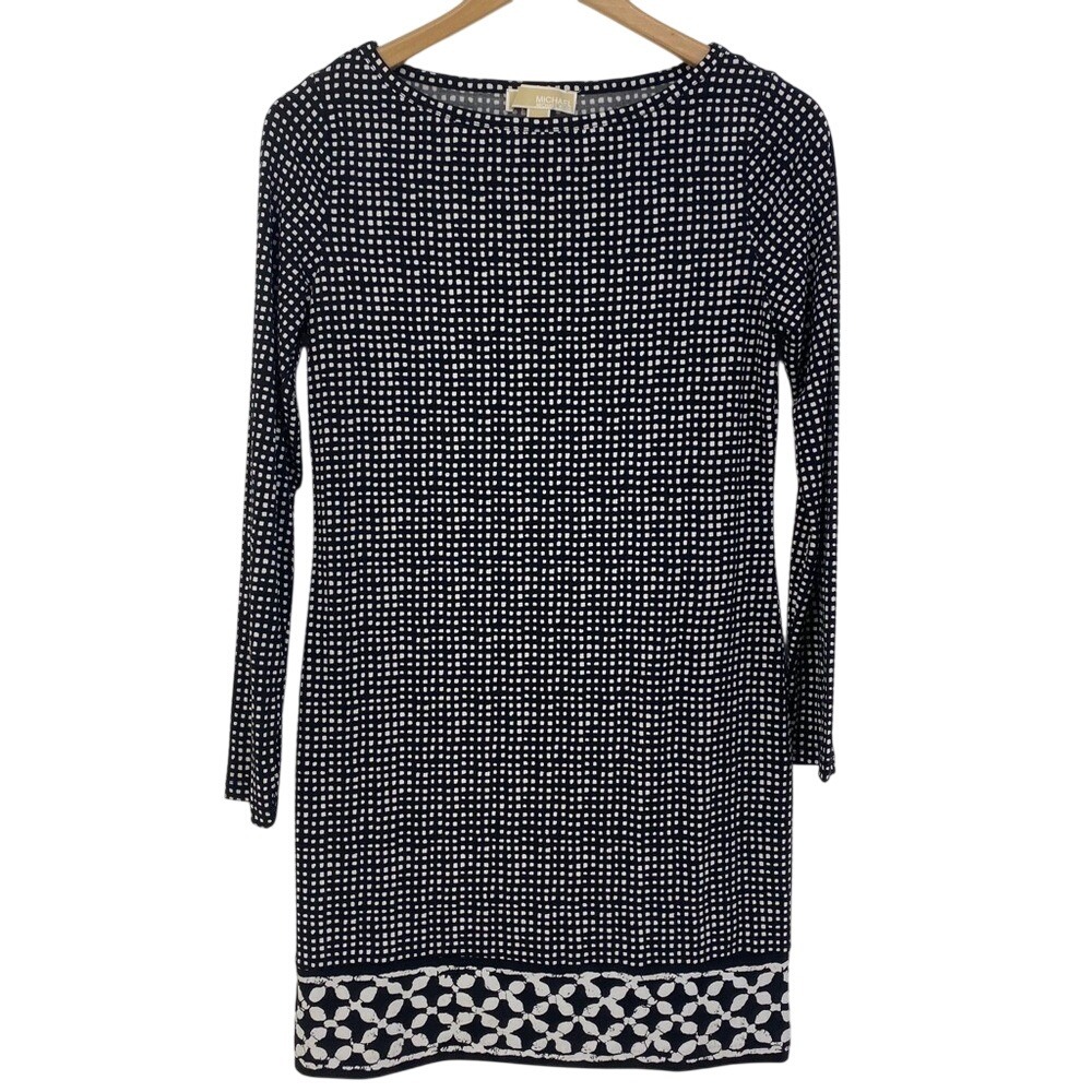 Michael Michael Kors Black White Geometric Grid Sheath Dress Long Sleeve Small